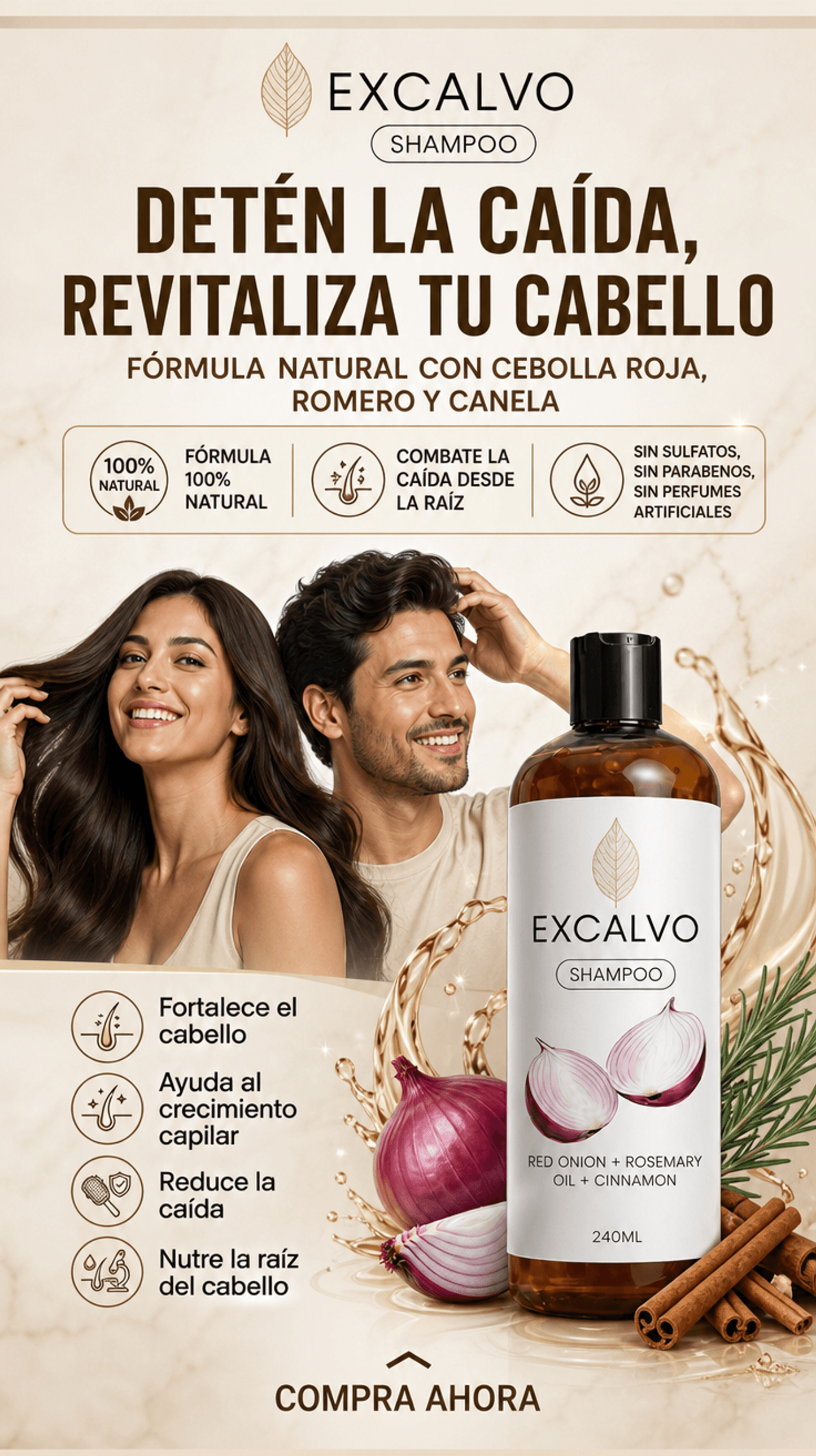 Excalvo Shampoo de Cebolla roja + aceite de romero + canela