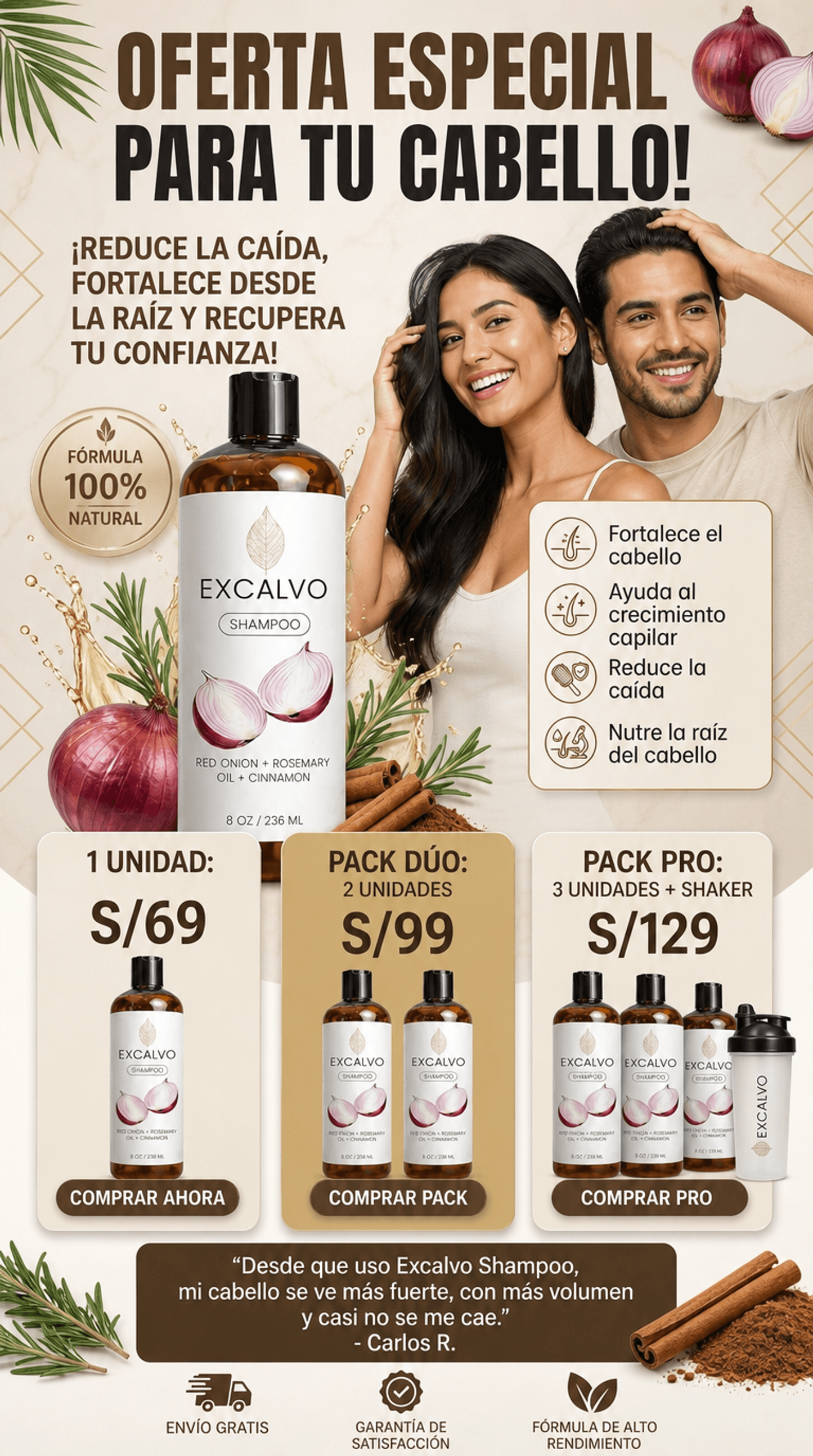 Excalvo Shampoo de Cebolla roja + aceite de romero + canela