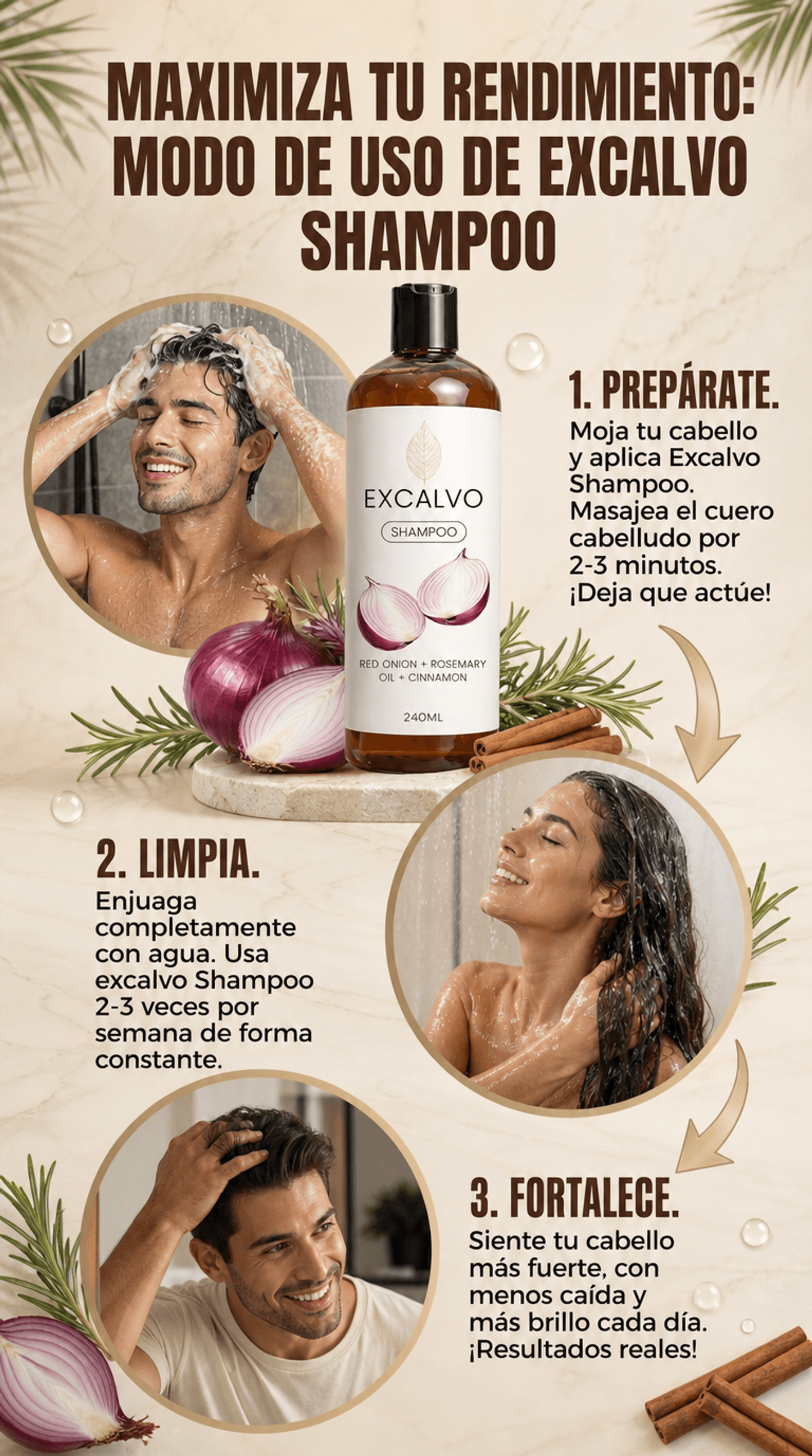 Excalvo Shampoo de Cebolla roja + aceite de romero + canela